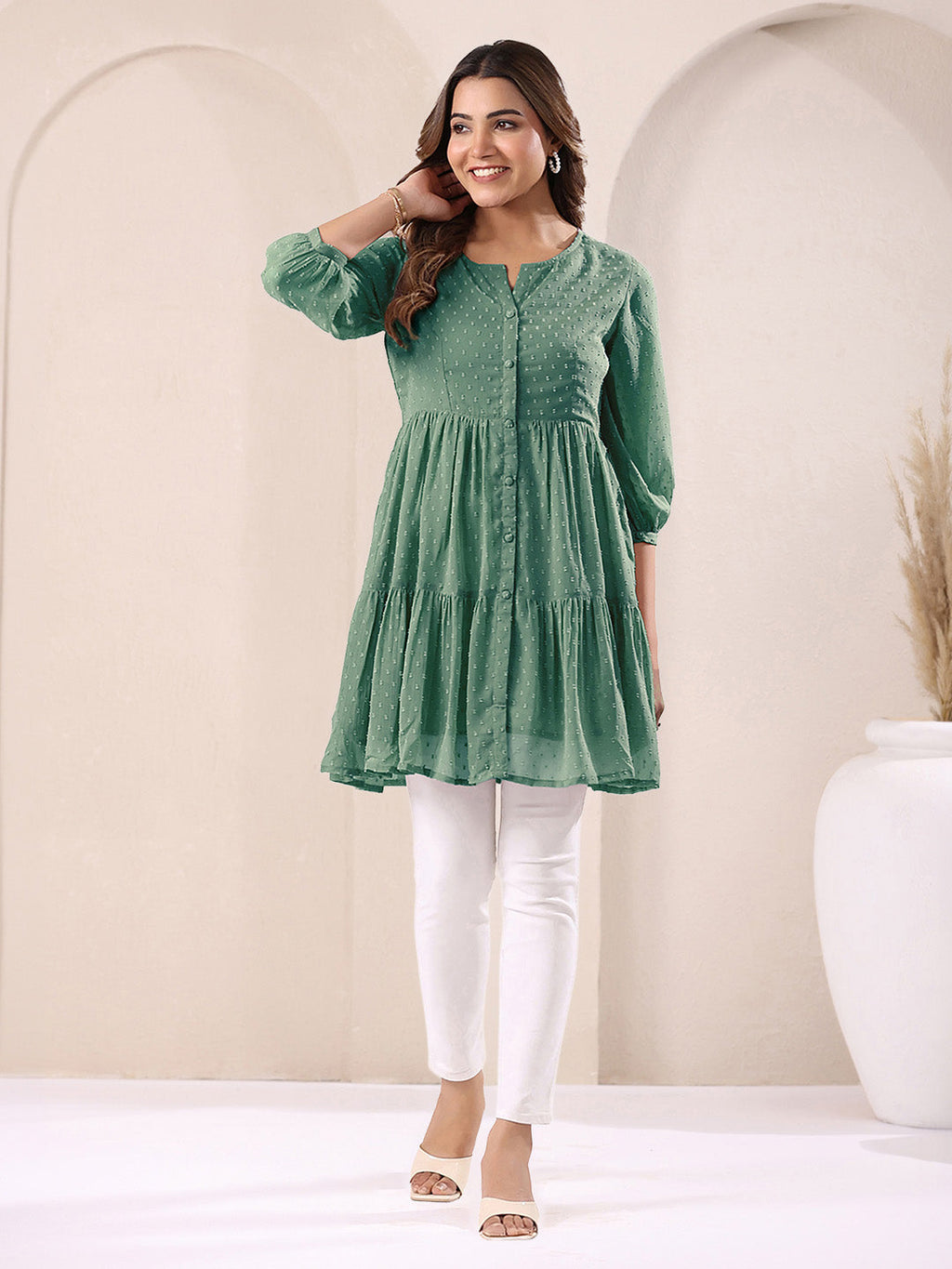 Janasya Sage Gathered Dobby Chiffon Tunic | Grocsy