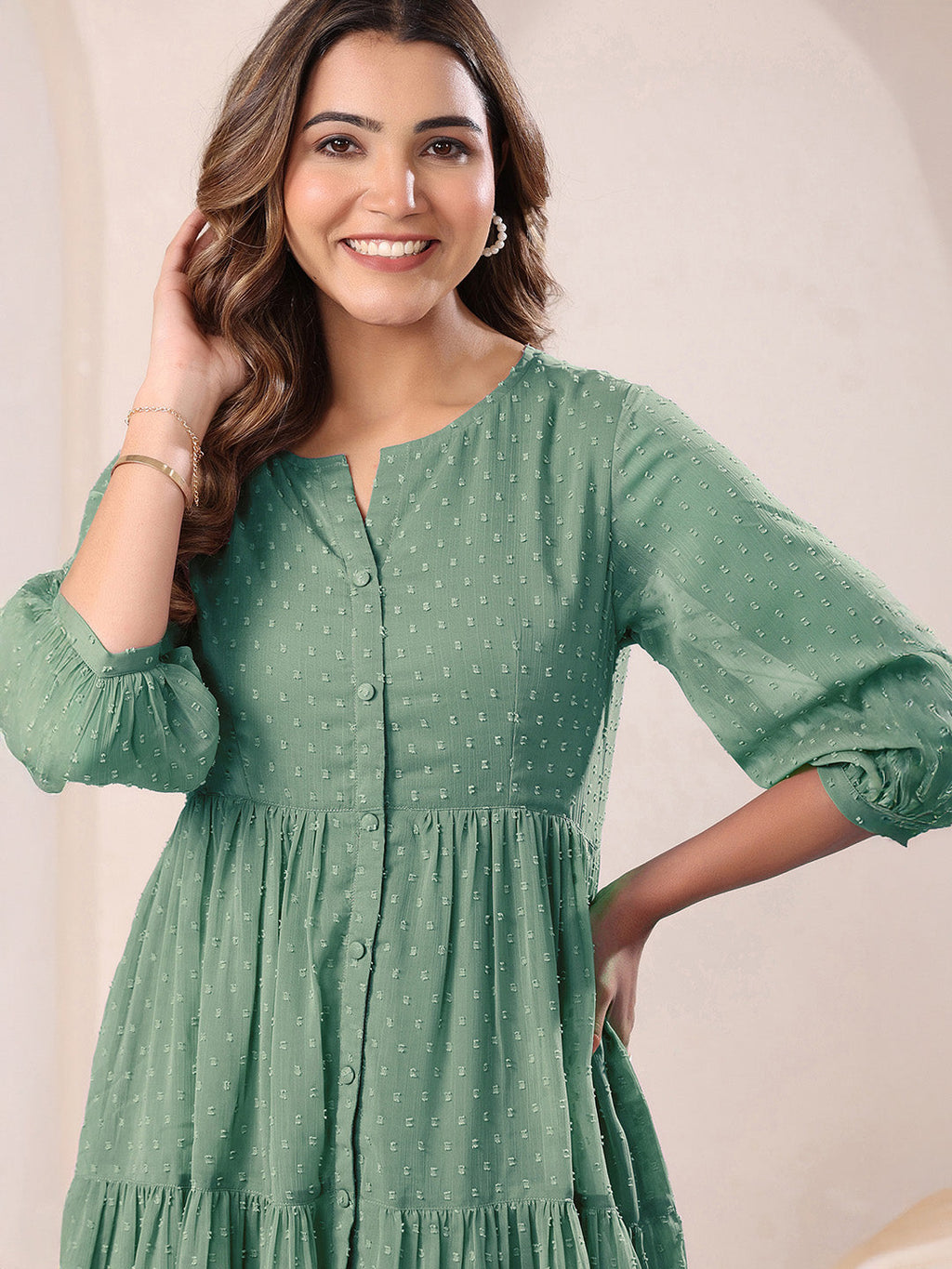 Janasya Sage Gathered Dobby Chiffon Tunic | Grocsy