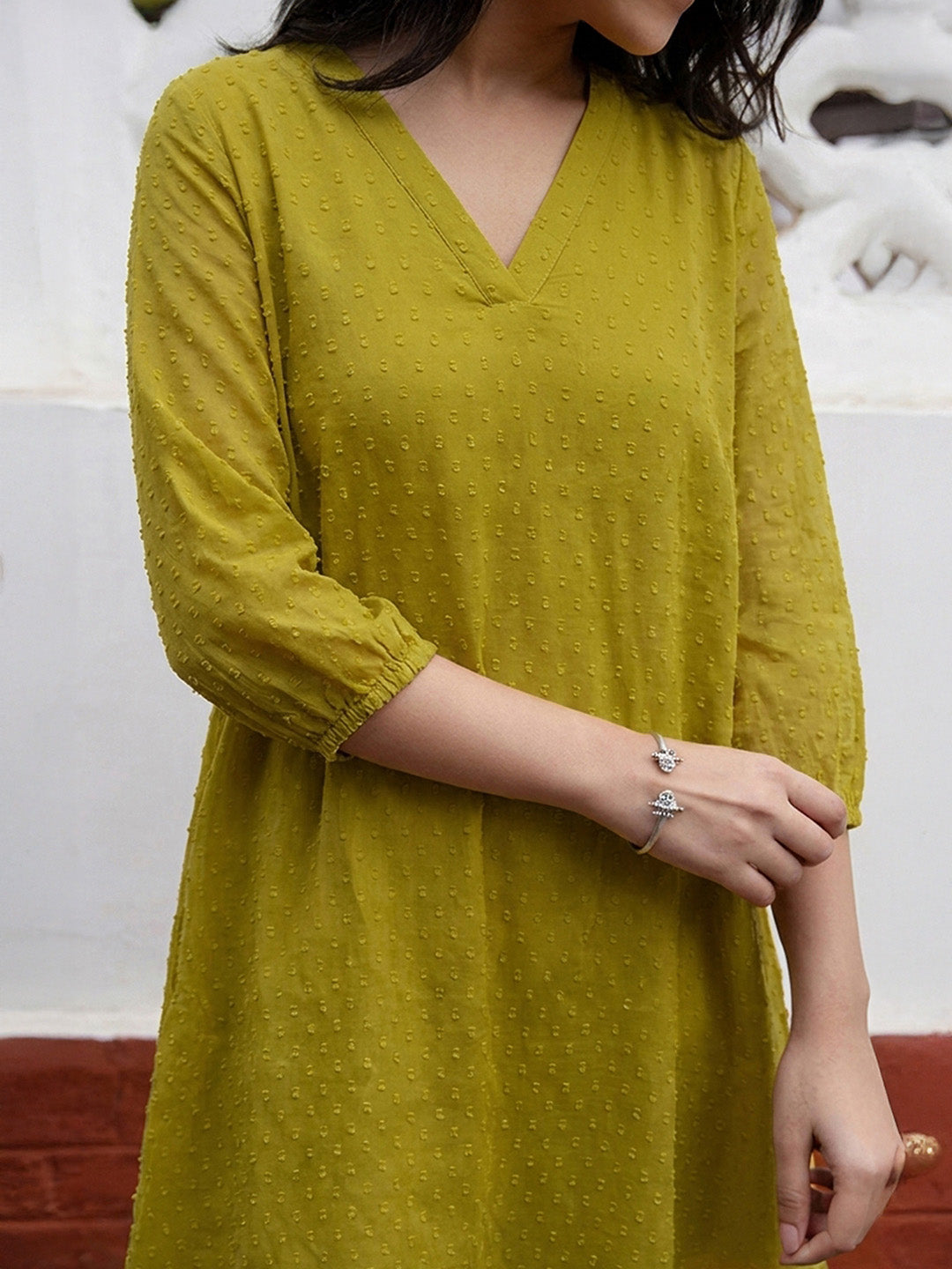 Janasya Lime A-Line Dobby Chiffon Tunic | Grocsy
