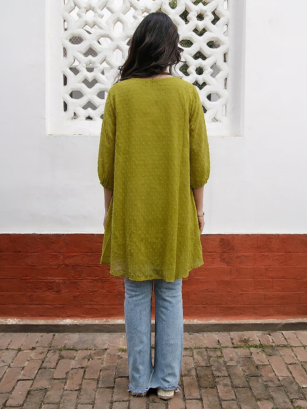 Janasya Lime A-Line Dobby Chiffon Tunic | Grocsy