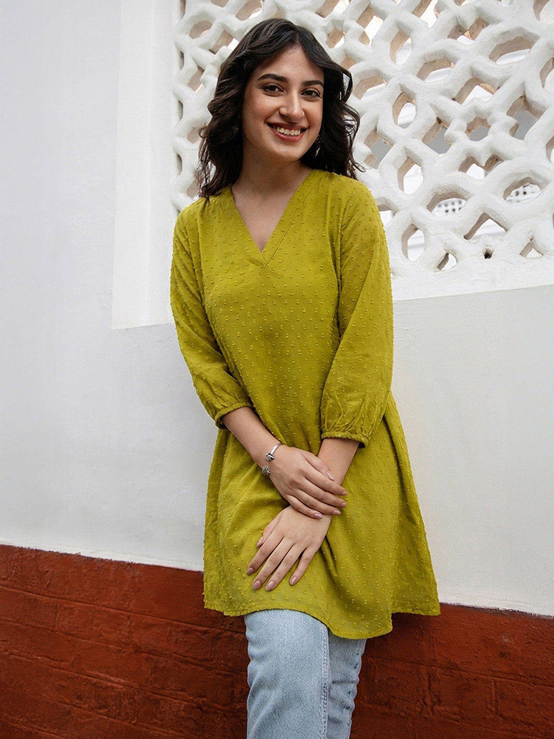 Janasya Lime A-Line Dobby Chiffon Tunic | Grocsy