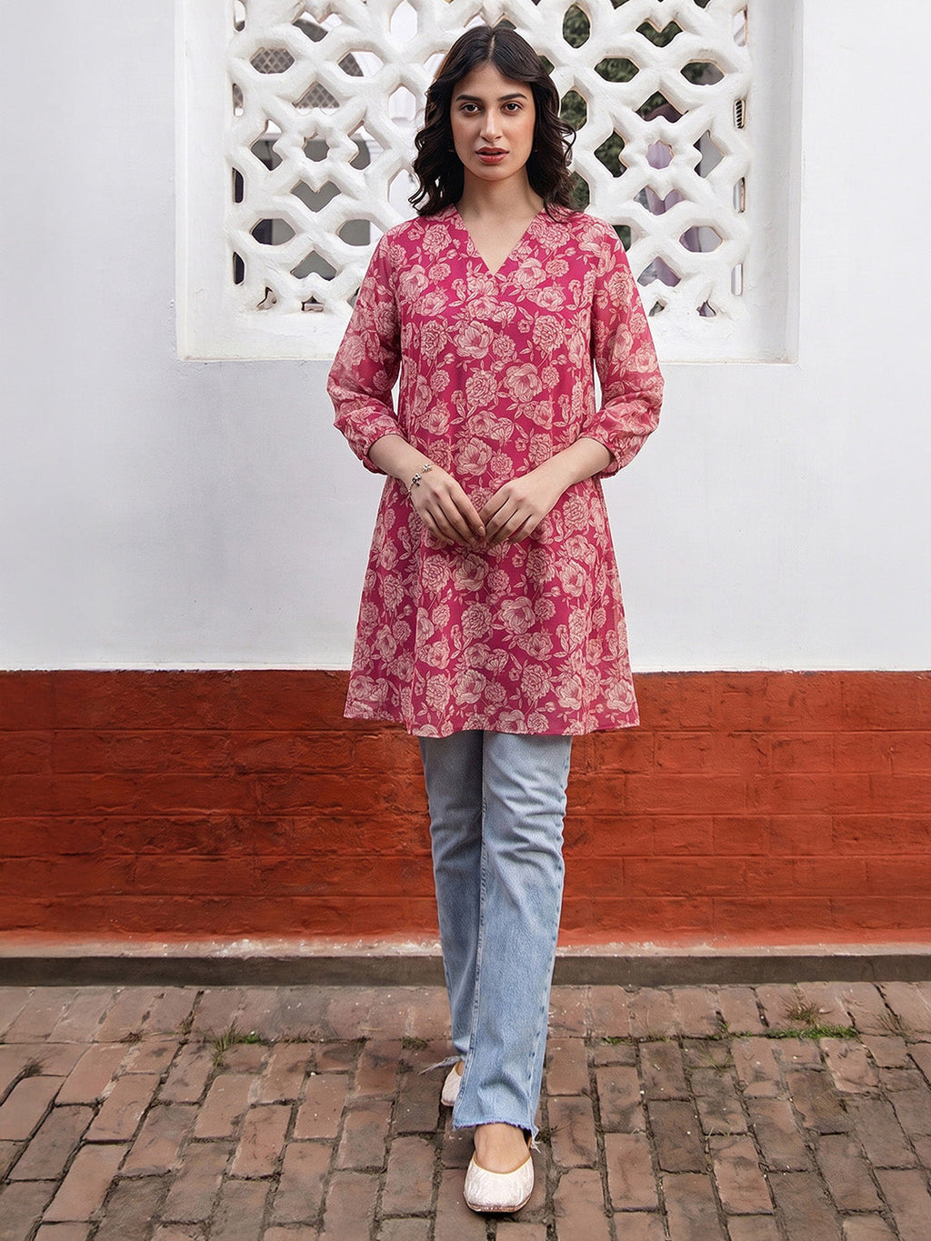 Janasya Pink A-Line Georgette Tunic | Grocsy