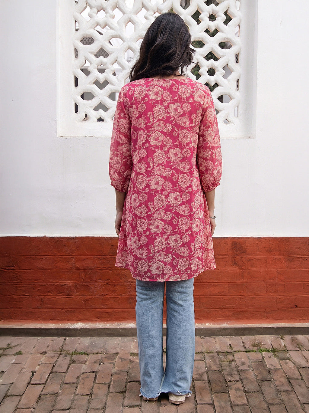 Janasya Pink A-Line Georgette Tunic | Grocsy