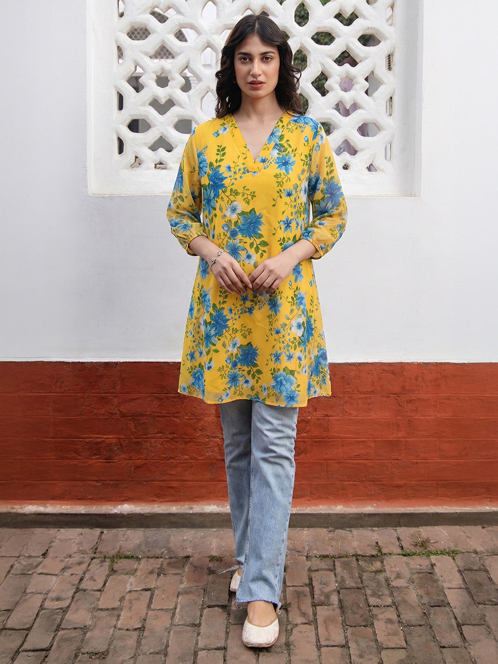 Janasya Yellow A-Line Georgette Tunic | Grocsy