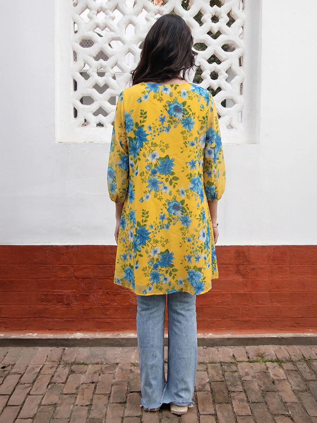 Janasya Yellow A-Line Georgette Tunic | Grocsy