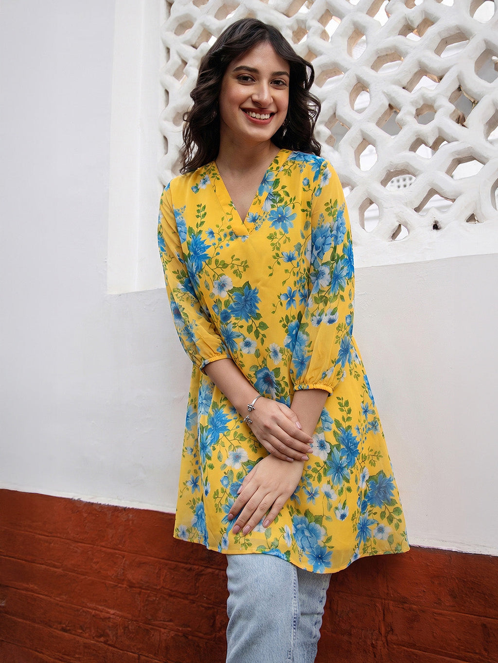 Janasya Yellow A-Line Georgette Tunic | Grocsy