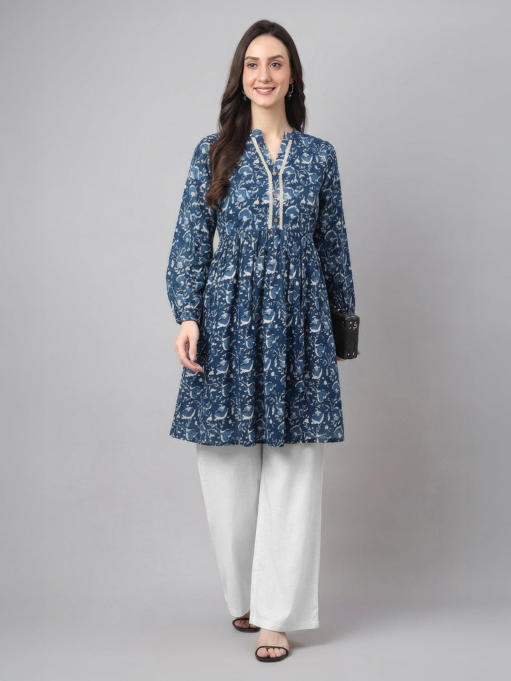 Janasya Indigo A-Line Cotton Tunic | Grocsy
