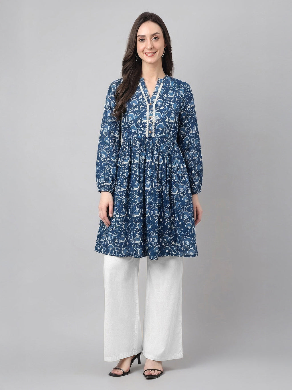 Janasya Indigo A-Line Cotton Tunic | Grocsy