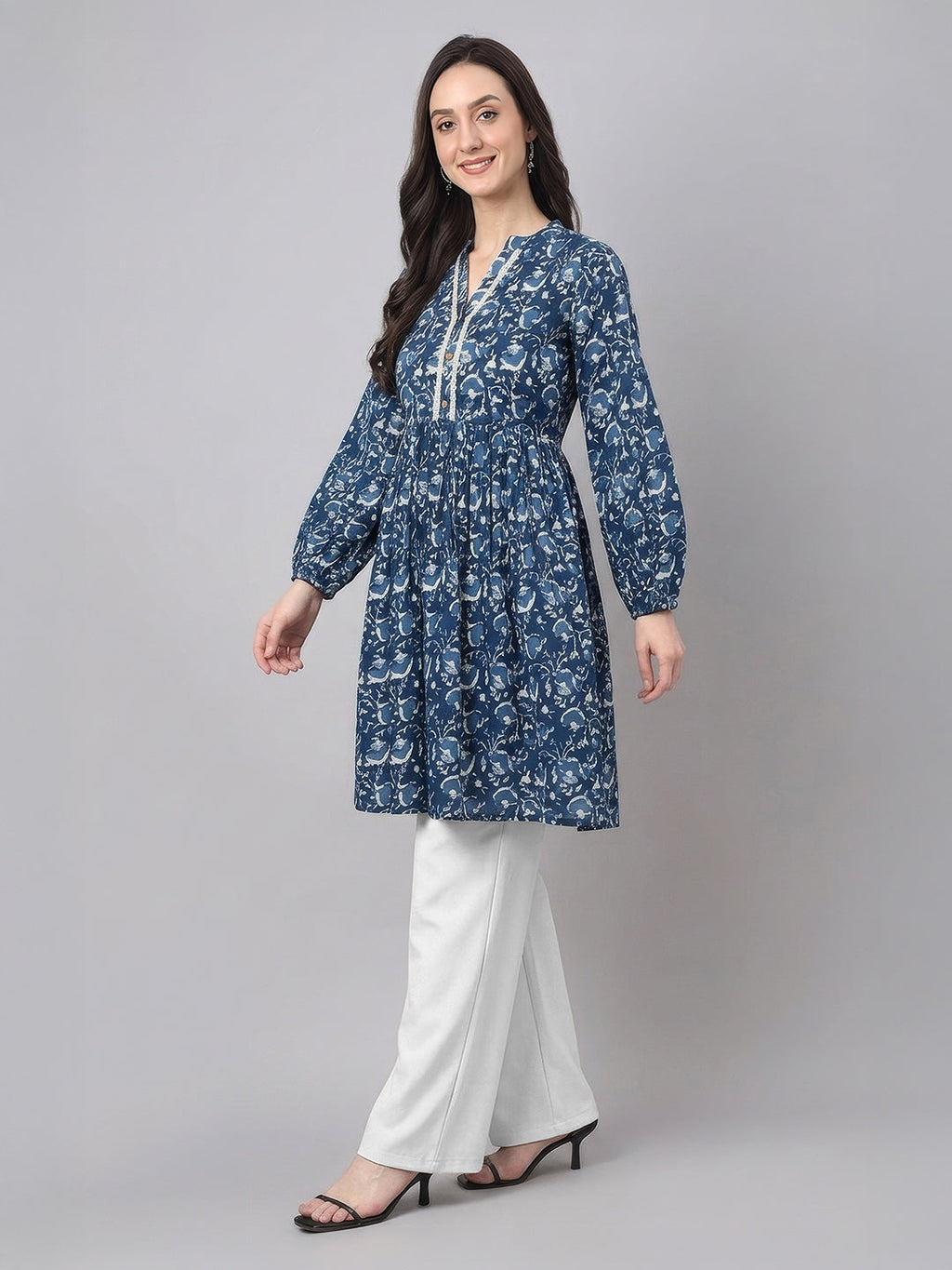 Janasya Indigo A-Line Cotton Tunic | Grocsy