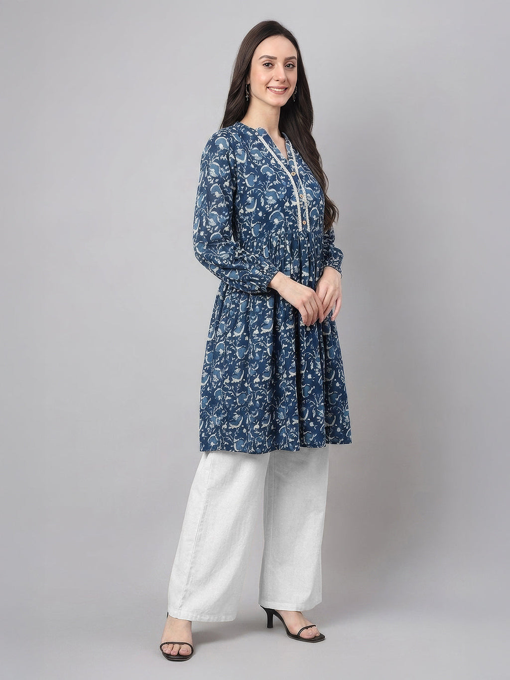 Janasya Indigo A-Line Cotton Tunic | Grocsy
