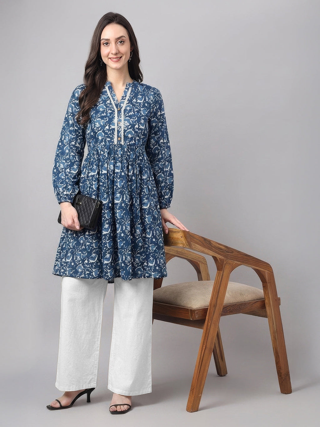 Janasya Indigo A-Line Cotton Tunic | Grocsy