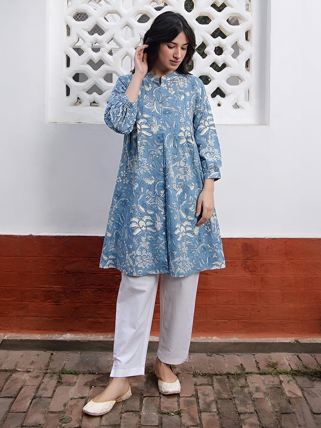 Janasya Sky Blue A-Line Cotton Tunic | Grocsy