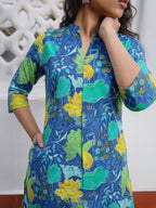 Janasya Blue A-Line Cotton Tunic | Grocsy