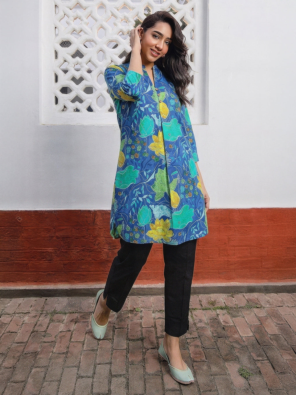 Janasya Blue A-Line Cotton Tunic | Grocsy
