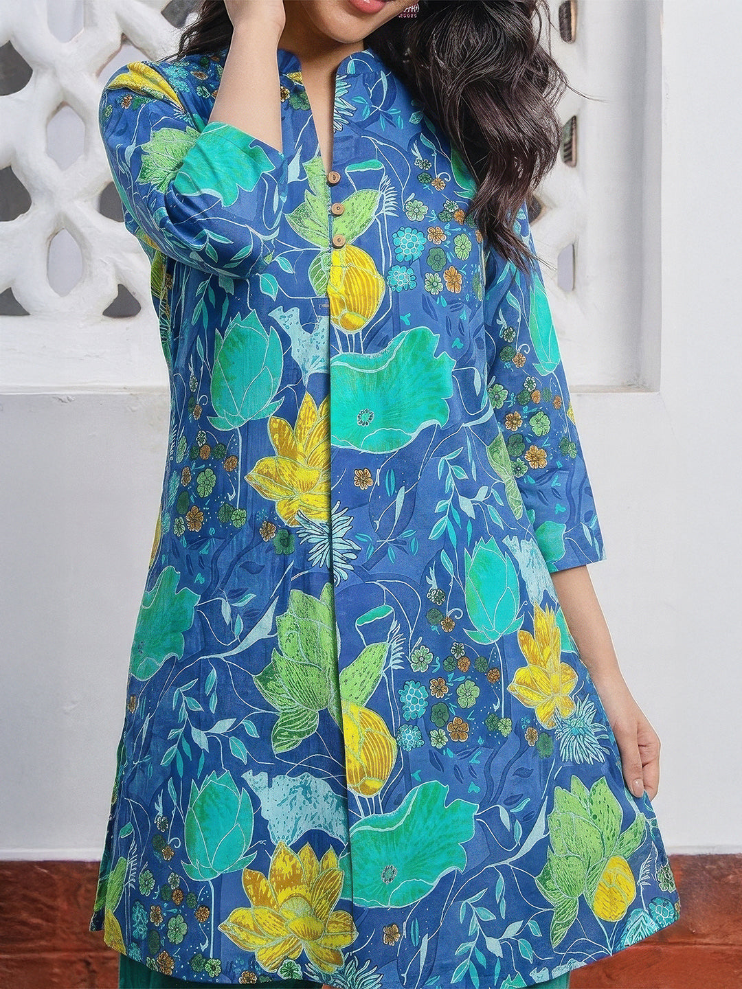 Janasya Blue A-Line Cotton Tunic | Grocsy