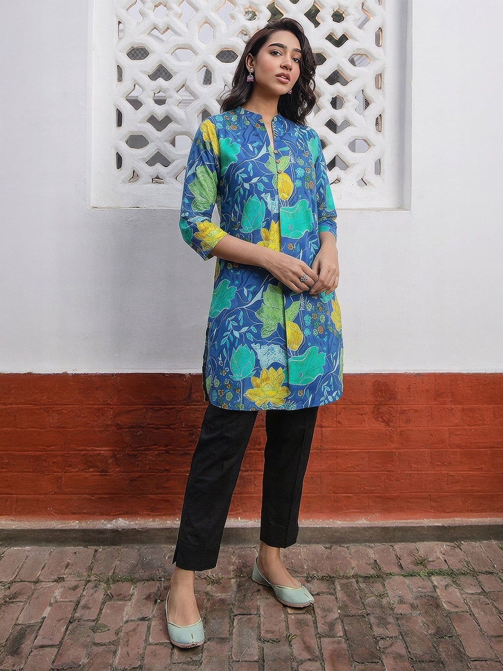 Janasya Blue A-Line Cotton Tunic | Grocsy