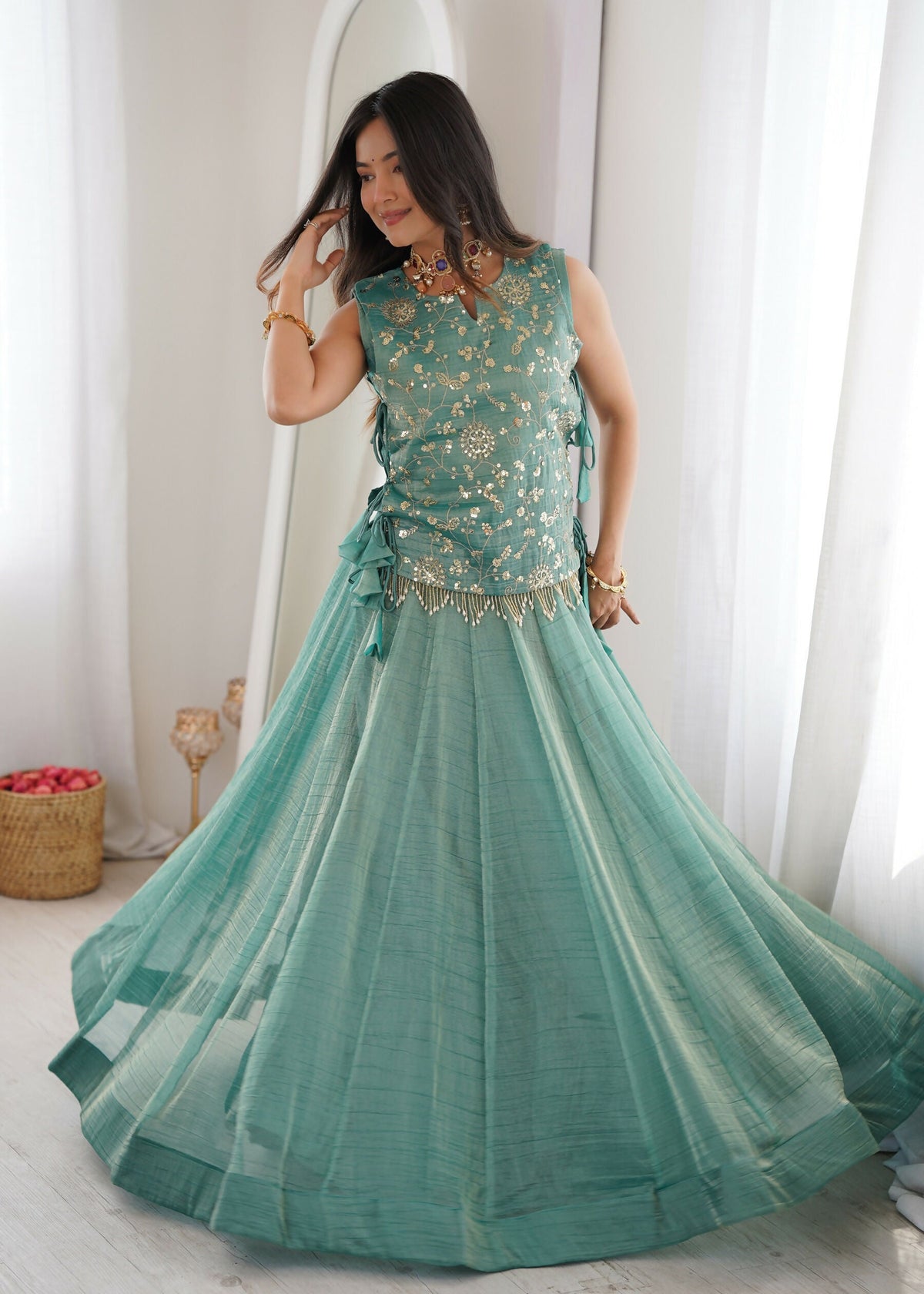 Lorenvalley Fashion Skyblue Salsa Crush Plain Lehenga Choli with Koti | Grocsy
