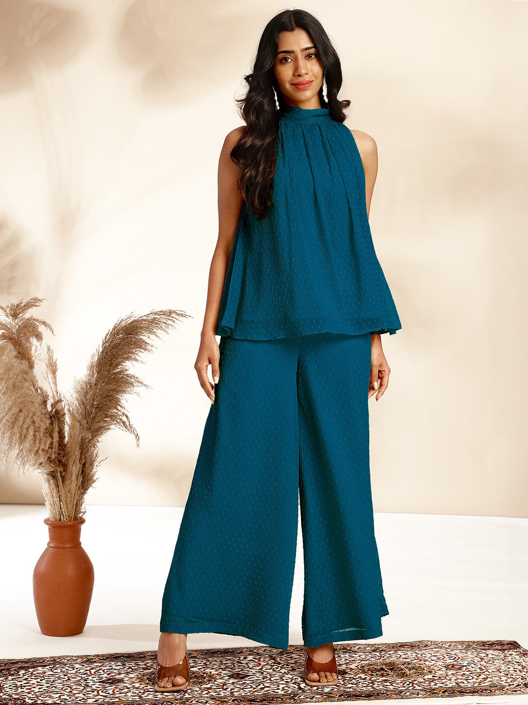 Janasya Dark Chiffon Self Design Gathered Top & Bottom Set | Grocsy