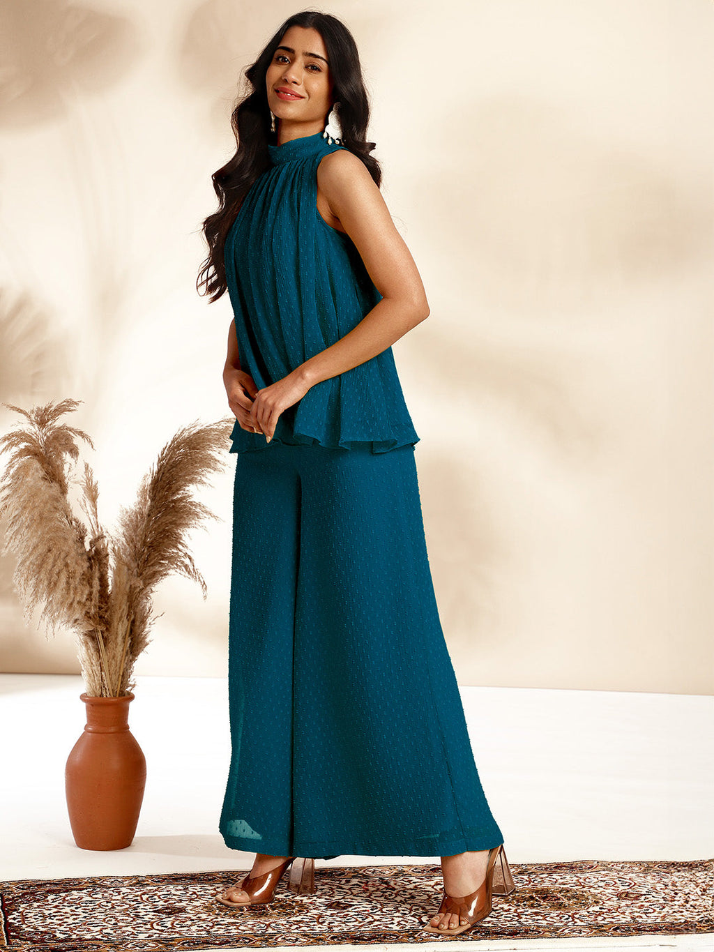 Janasya Dark Chiffon Self Design Gathered Top & Bottom Set | Grocsy