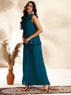 Janasya Dark Chiffon Self Design Gathered Top & Bottom Set | Grocsy