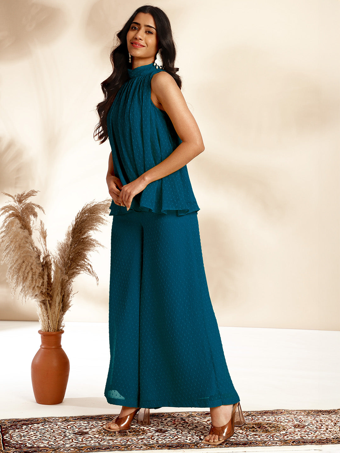 Janasya Dark Chiffon Self Design Gathered Top & Bottom Set | Grocsy