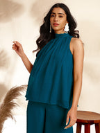Janasya Dark Chiffon Self Design Gathered Top & Bottom Set | Grocsy