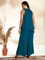 Janasya Dark Chiffon Self Design Gathered Top & Bottom Set | Grocsy