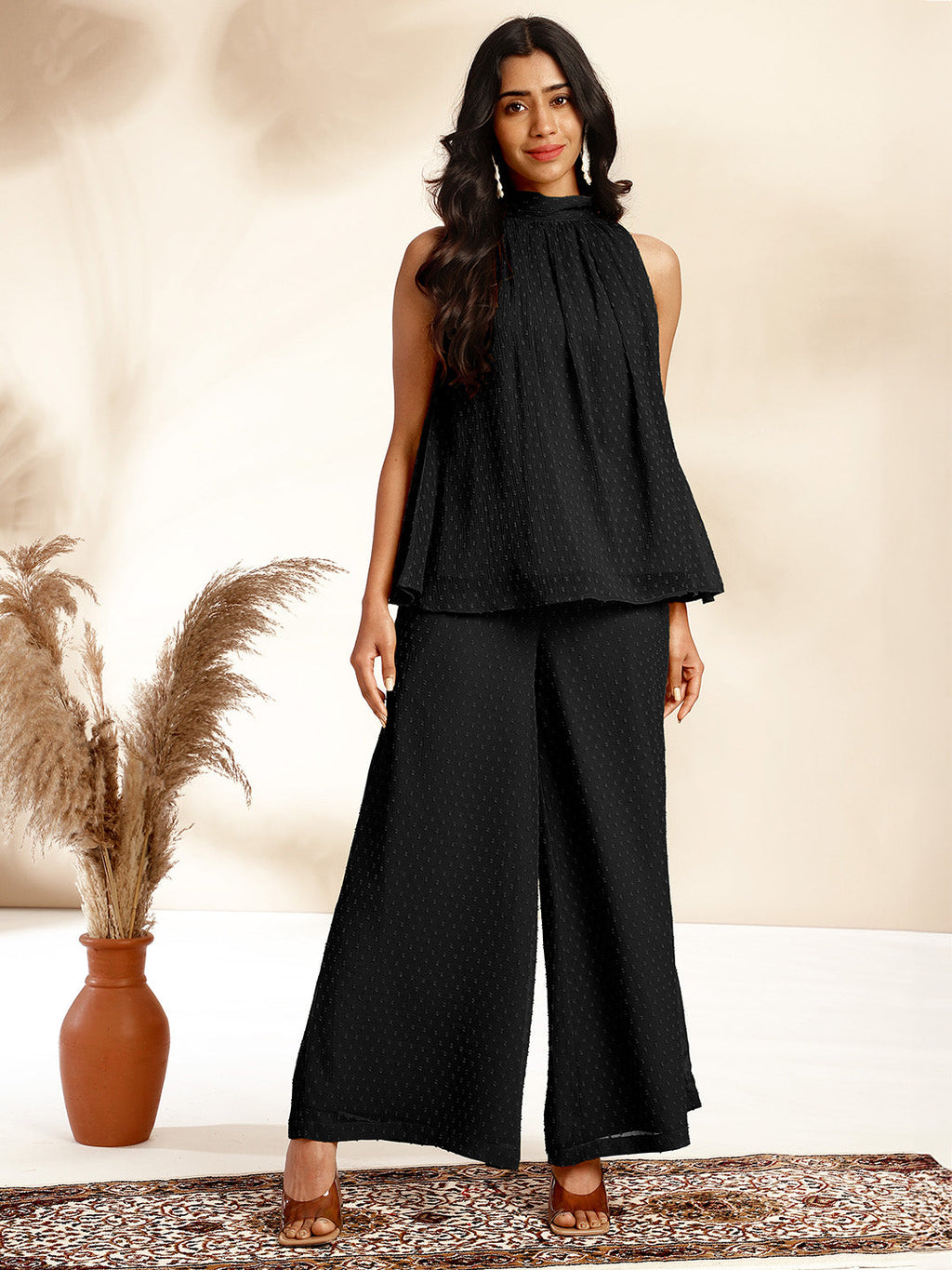 Janasya Black Dobby Chiffon Self Design Co-Ords | Grocsy