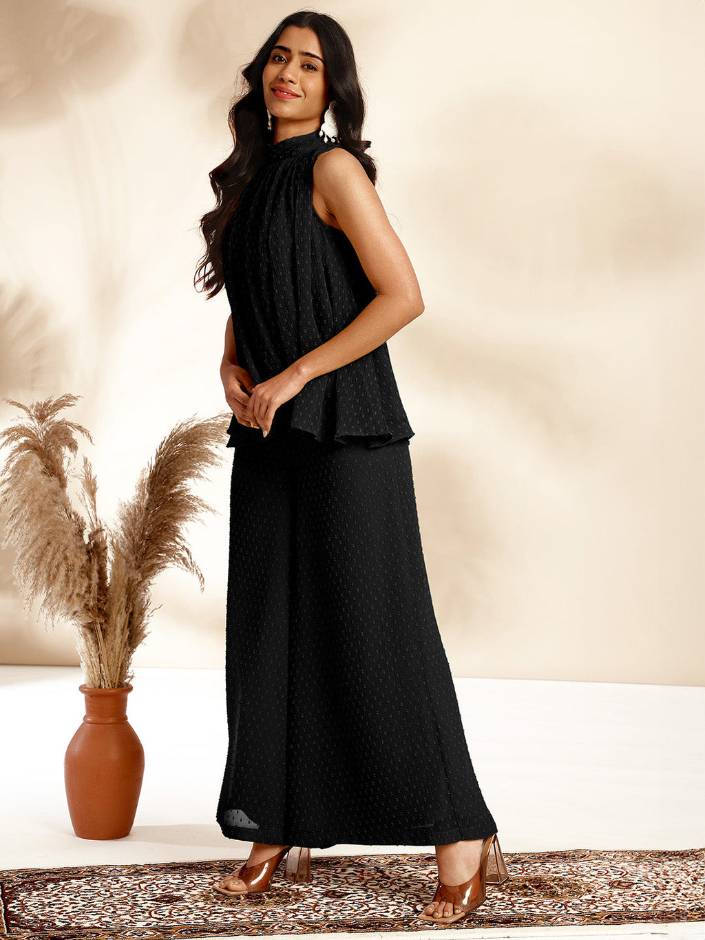 Janasya Black Dobby Chiffon Self Design Co-Ords | Grocsy