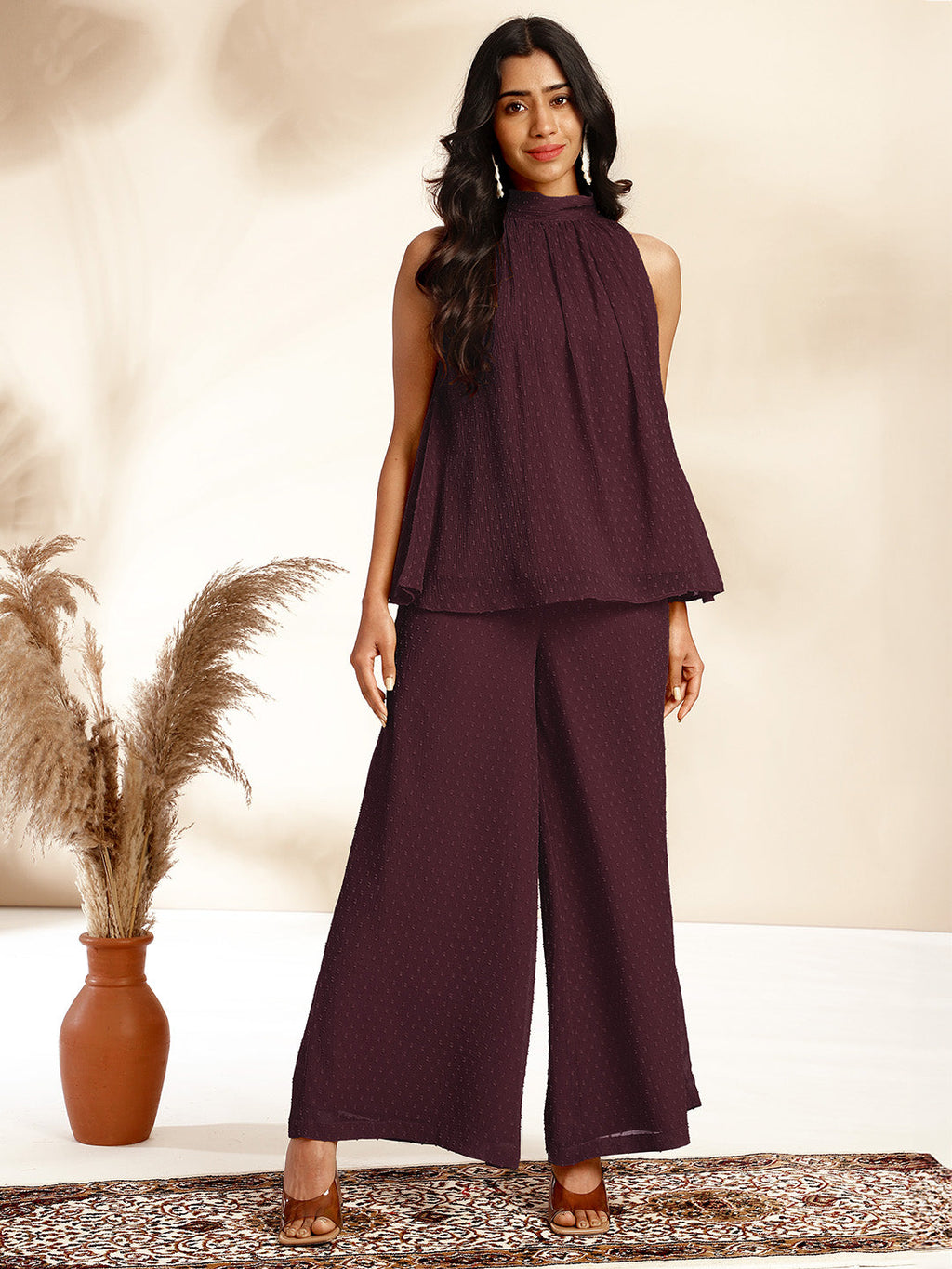Janasya Dark Chiffon Self Design Gathered Top & Bottom Set | Grocsy