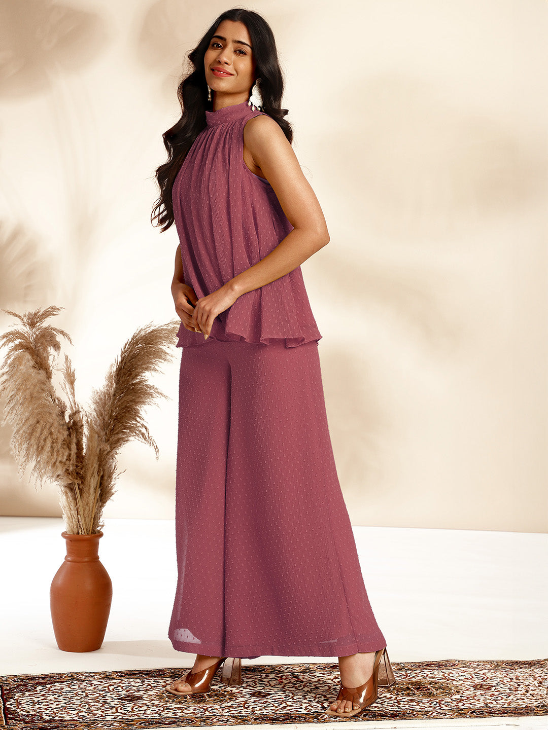 Janasya Coral Dobby Chiffon Self Design Co-Ords | Grocsy