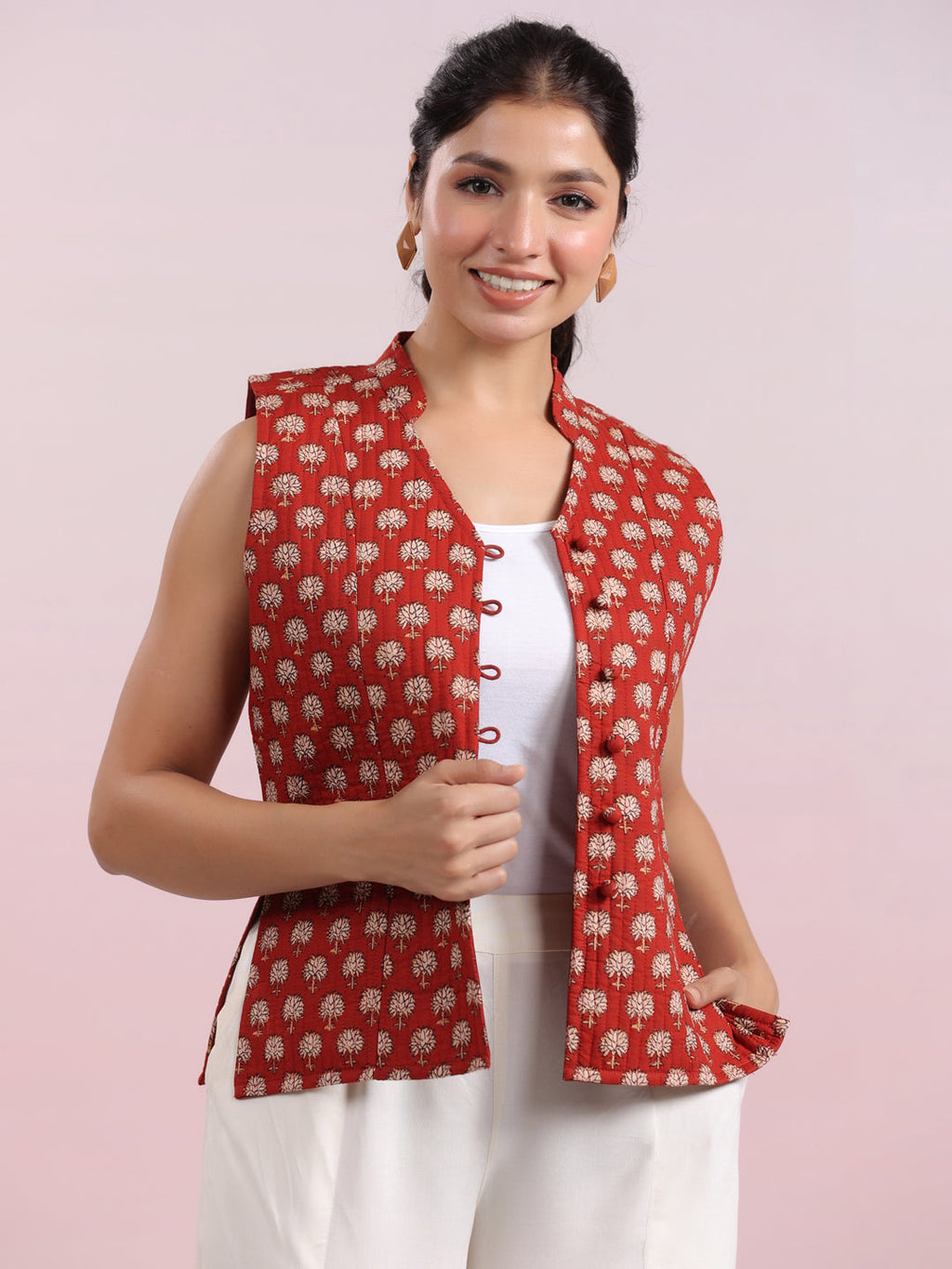 Janasya Straight Cambric Maroon Jacket | Grocsy