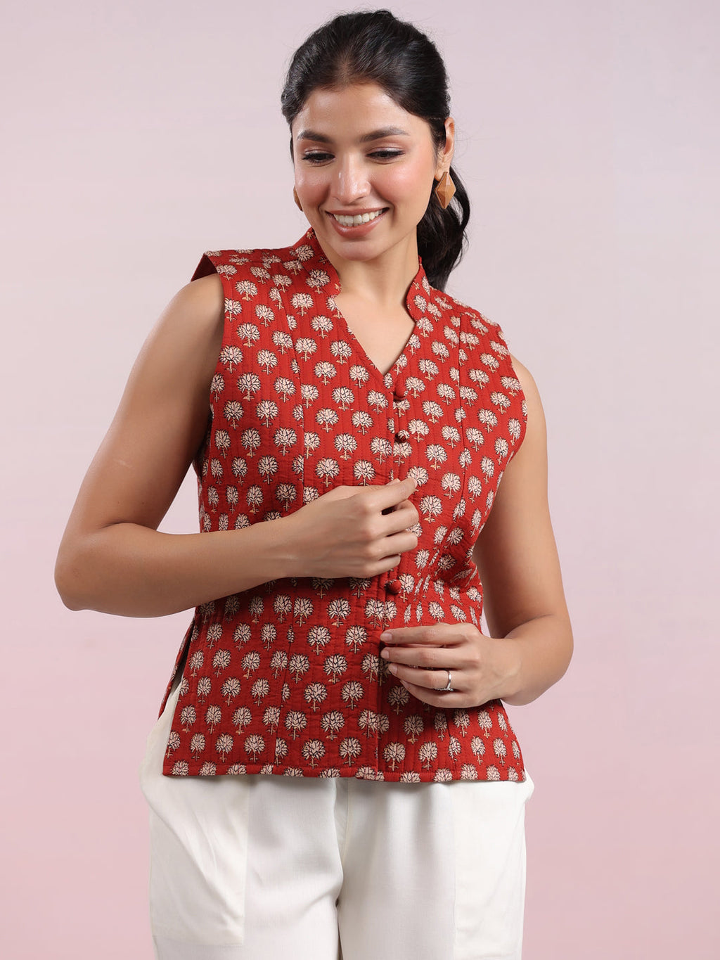 Janasya Straight Cambric Maroon Jacket | Grocsy