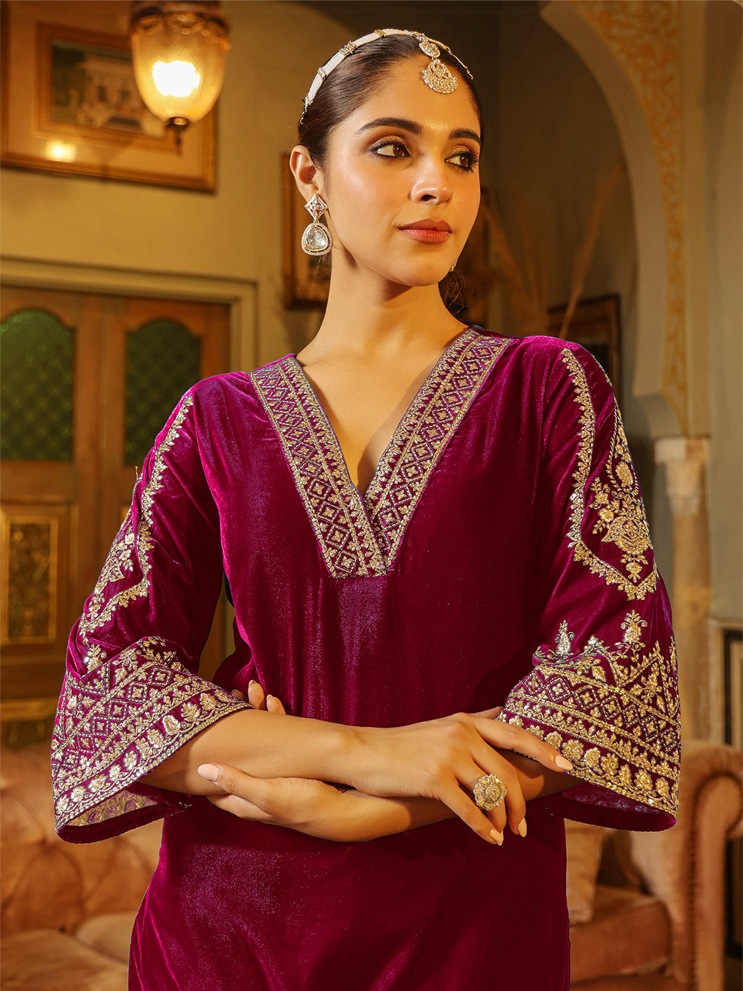 Janasya Pink Velvet Embroidered Kurta & Bottom | Grocsy