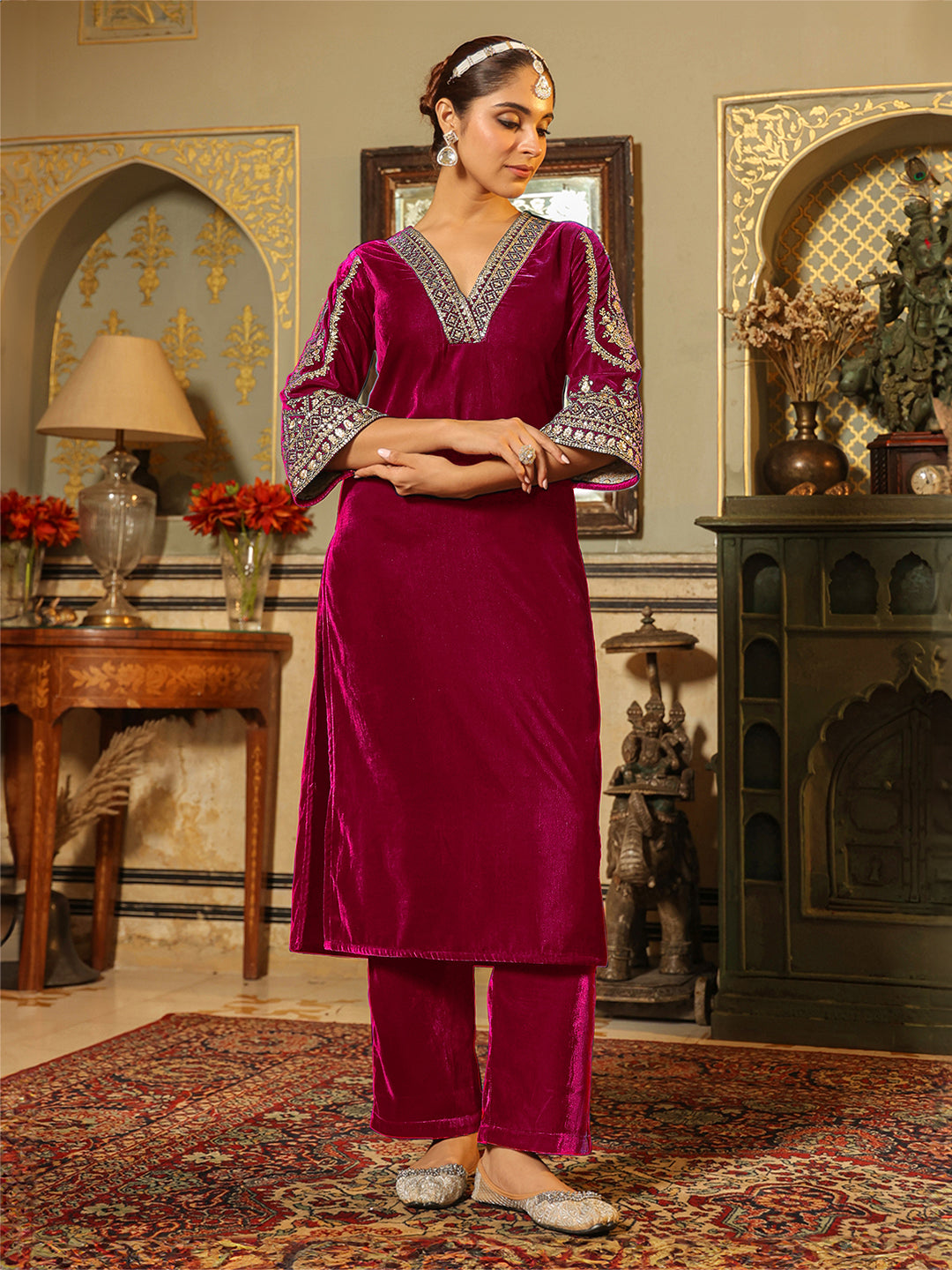 Janasya Pink Velvet Embroidered Kurta & Bottom | Grocsy