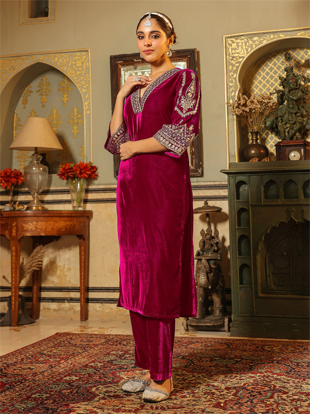 Janasya Pink Velvet Embroidered Kurta & Bottom | Grocsy