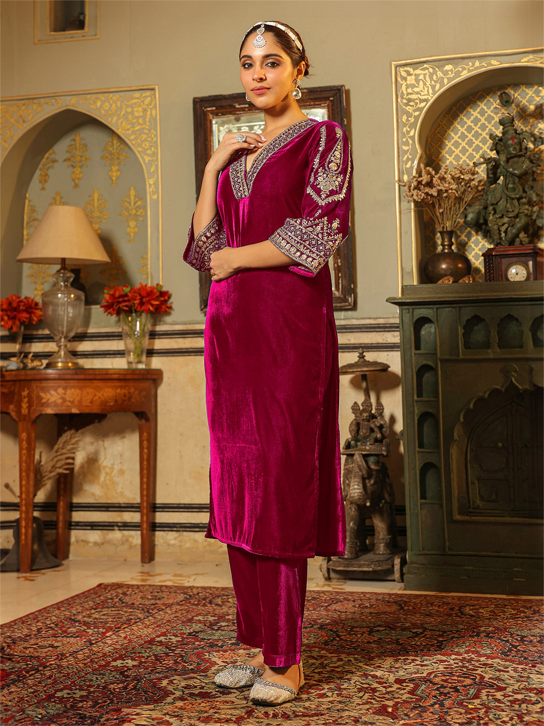 Janasya Pink Velvet Embroidered Kurta & Bottom | Grocsy