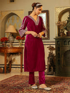 Janasya Pink Velvet Embroidered Kurta & Bottom | Grocsy