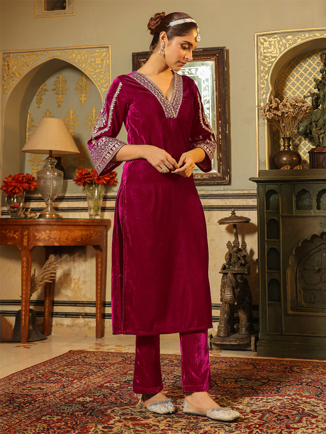 Janasya Pink Velvet Embroidered Kurta & Bottom | Grocsy