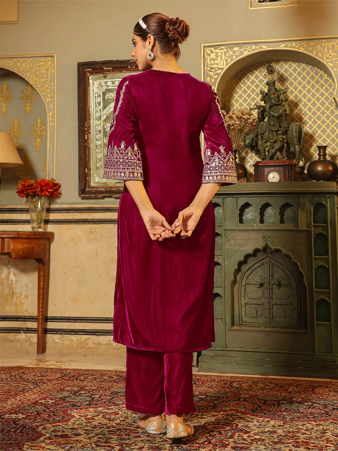 Janasya Pink Velvet Embroidered Kurta & Bottom | Grocsy