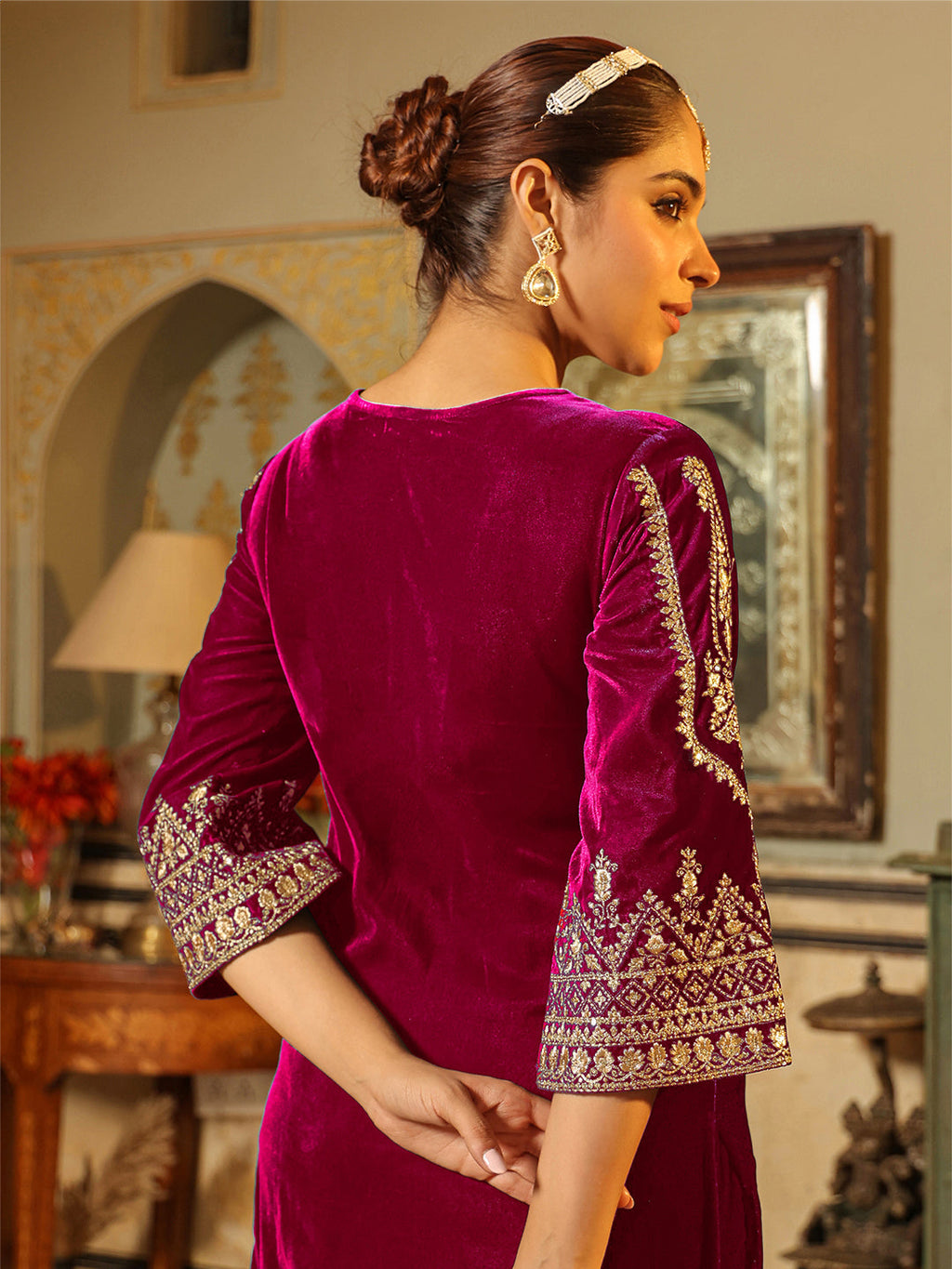 Janasya Pink Velvet Embroidered Kurta & Bottom | Grocsy