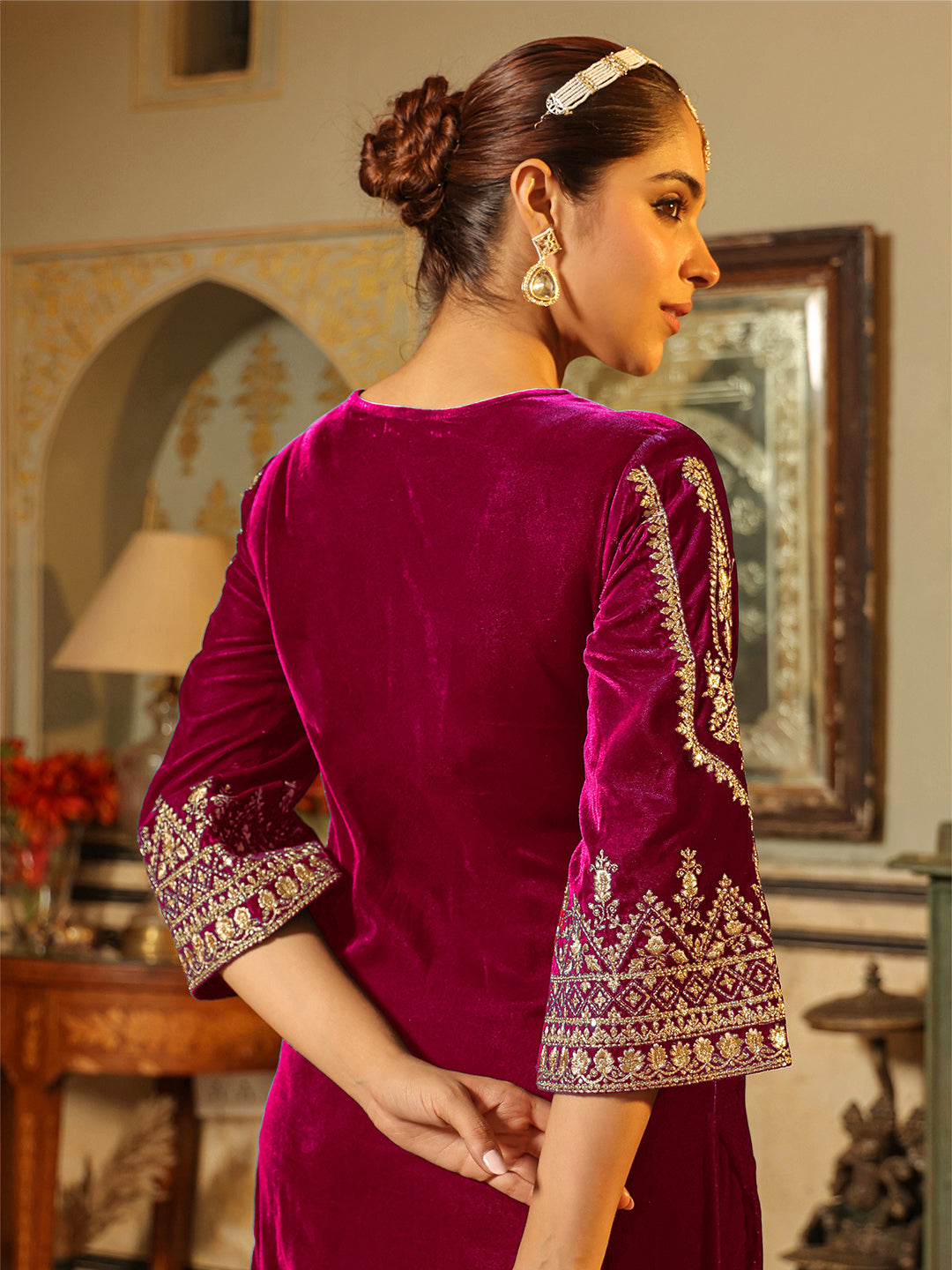 Janasya Pink Velvet Embroidered Kurta & Bottom | Grocsy