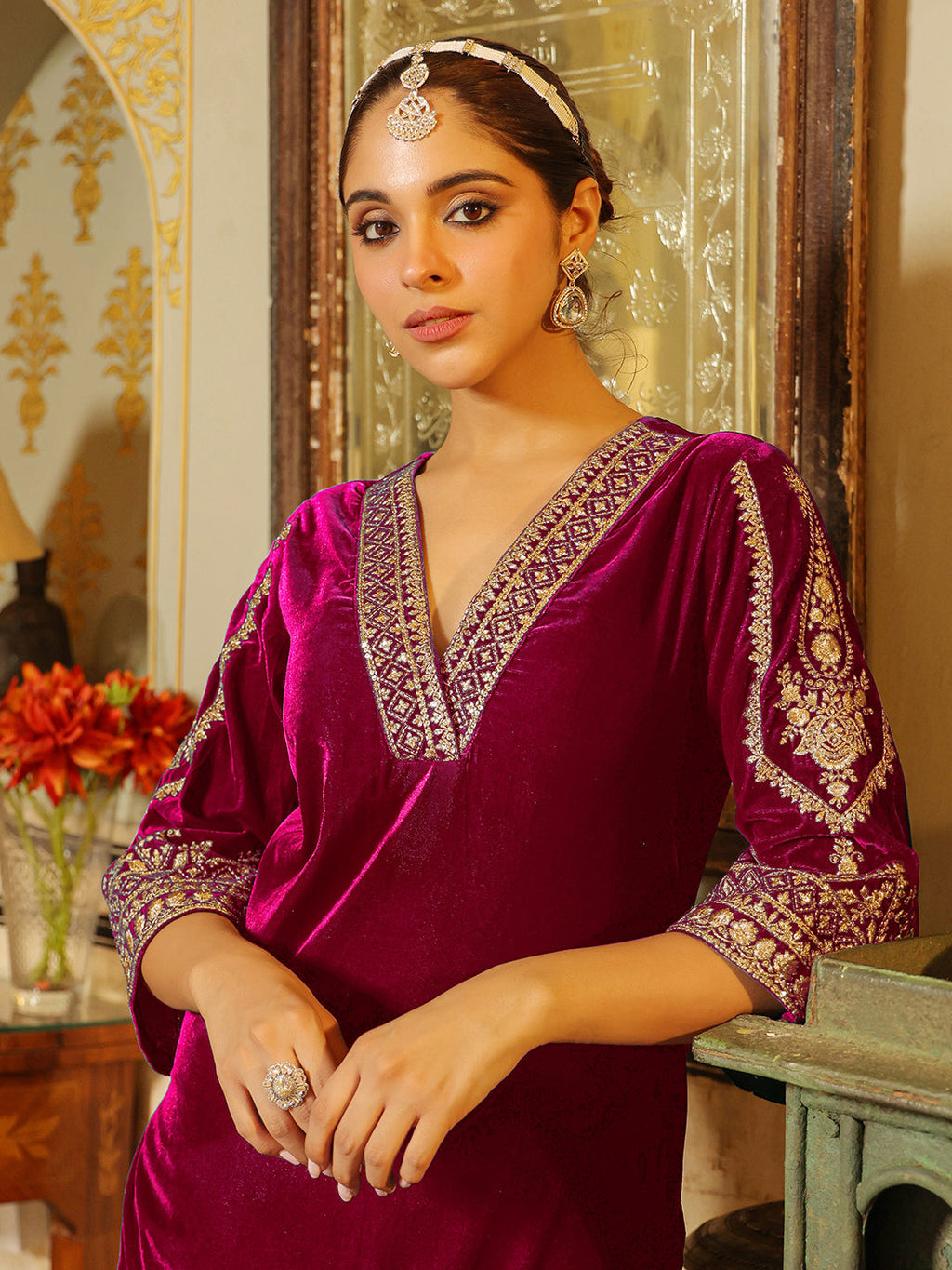 Janasya Pink Velvet Embroidered Kurta & Bottom | Grocsy