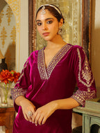 Janasya Pink Velvet Embroidered Kurta & Bottom | Grocsy