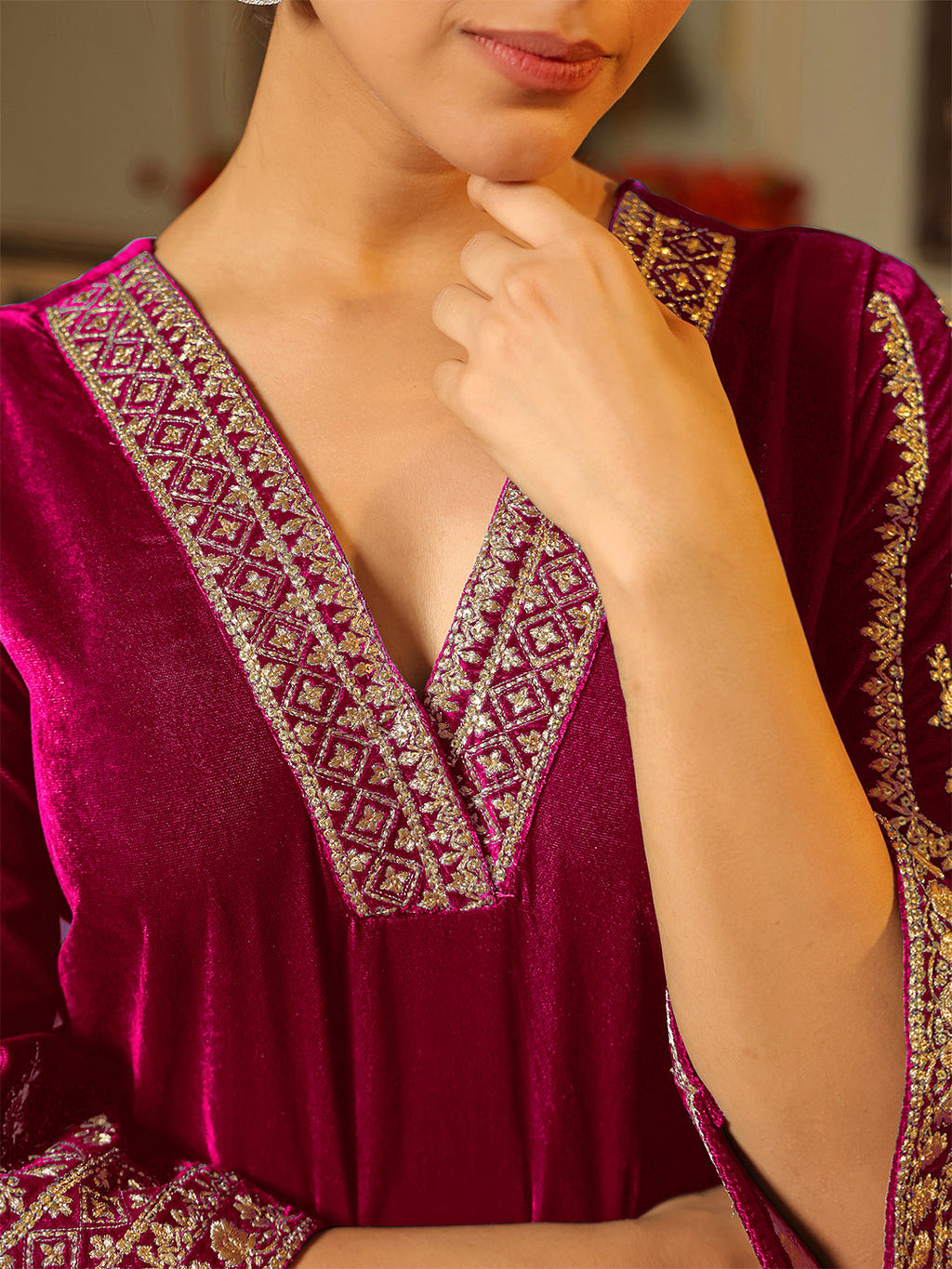 Janasya Pink Velvet Embroidered Kurta & Bottom | Grocsy