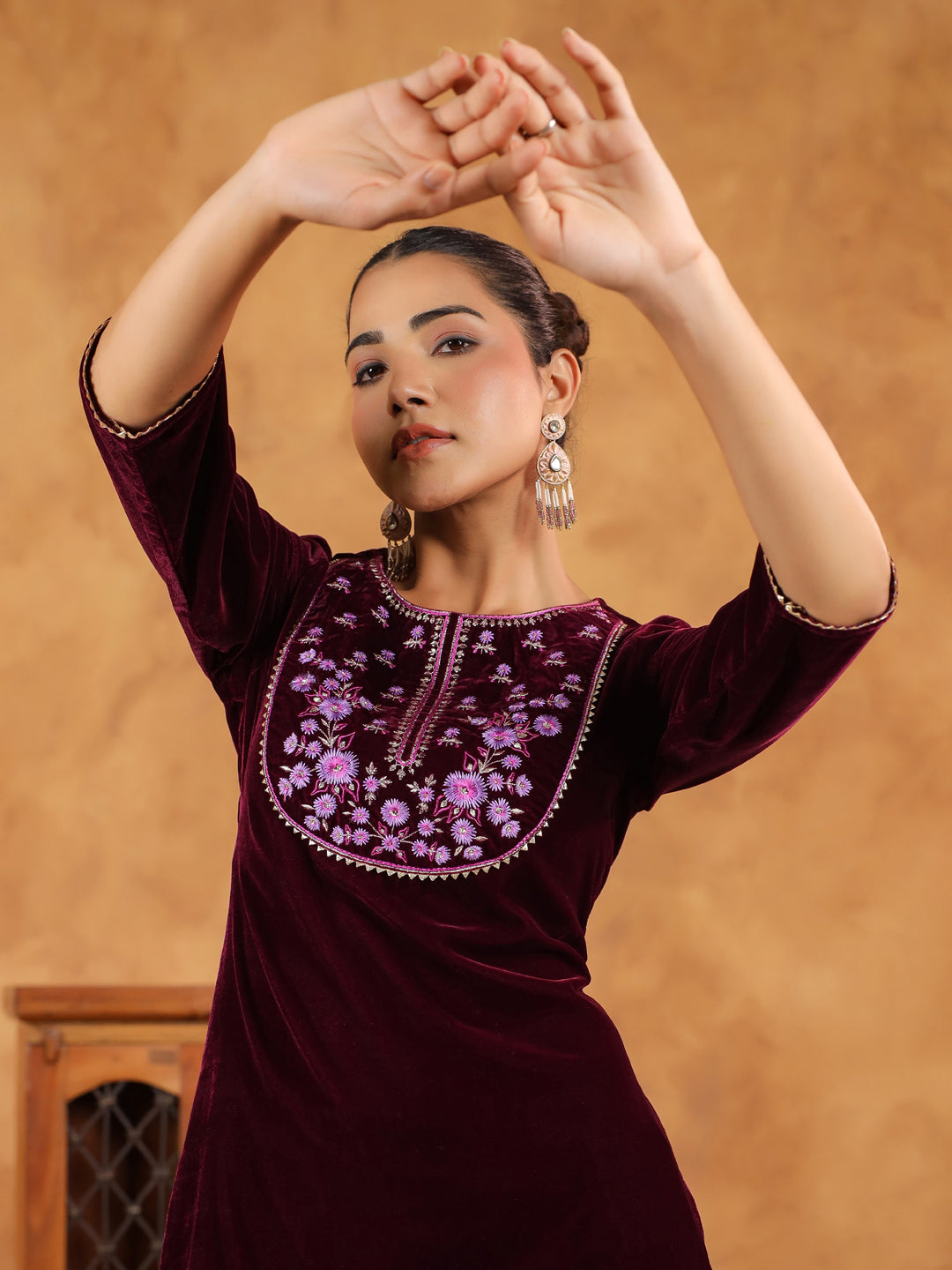 Janasya Wine Velvet Embroidered Kurta & Bottom | Grocsy