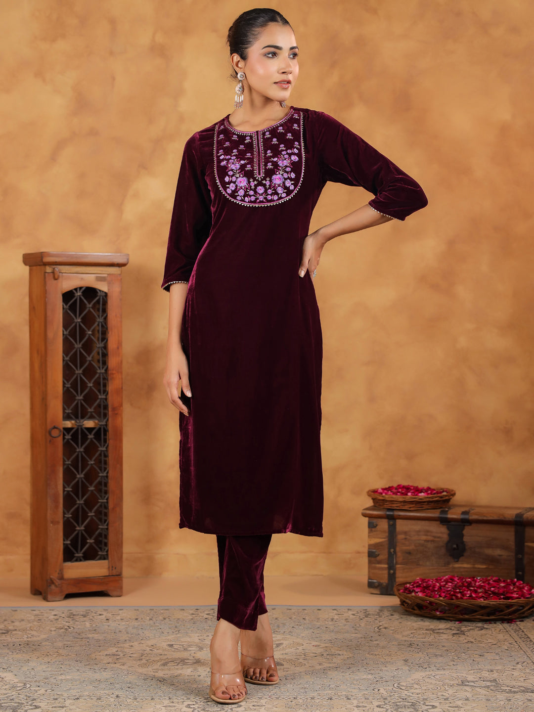 Janasya Wine Velvet Embroidered Kurta & Bottom | Grocsy