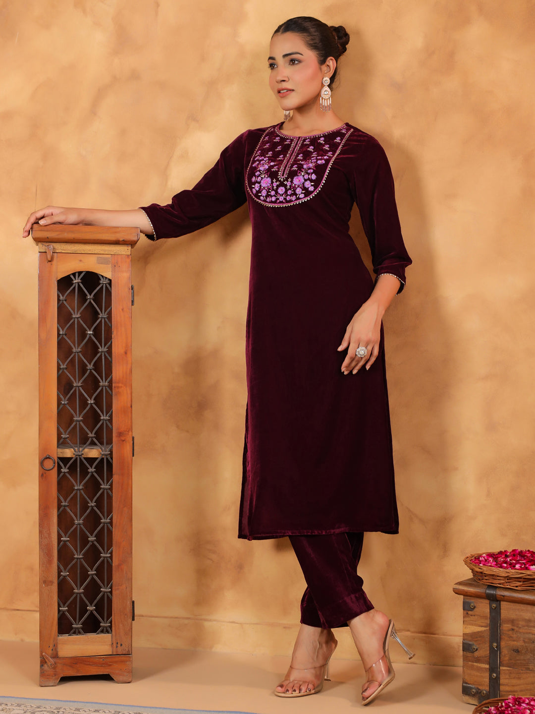 Janasya Wine Velvet Embroidered Kurta & Bottom | Grocsy