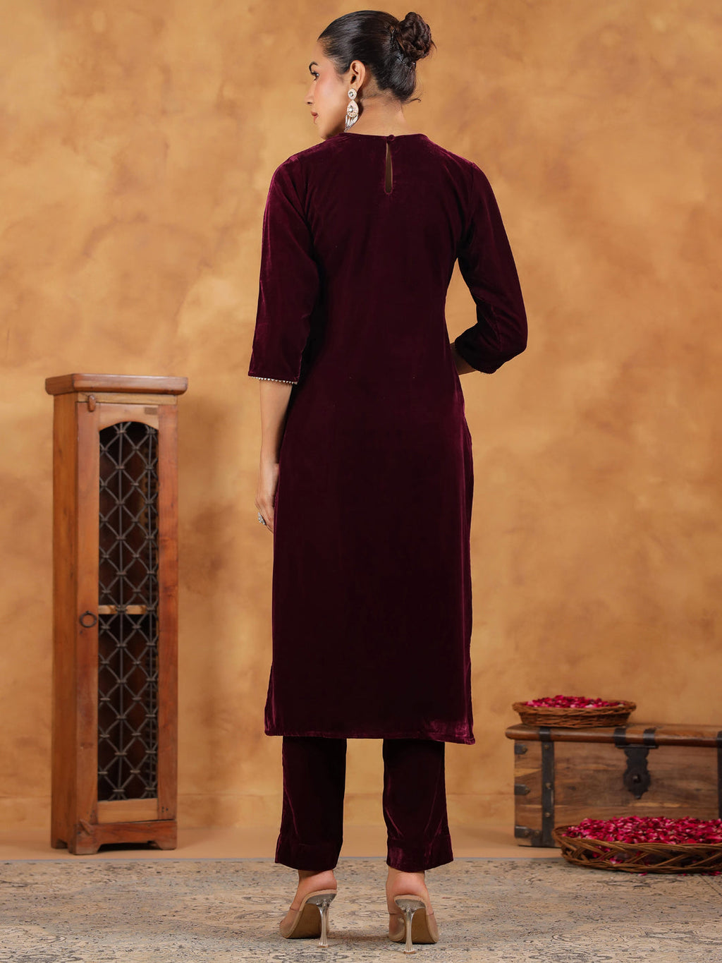 Janasya Wine Velvet Embroidered Kurta & Bottom | Grocsy