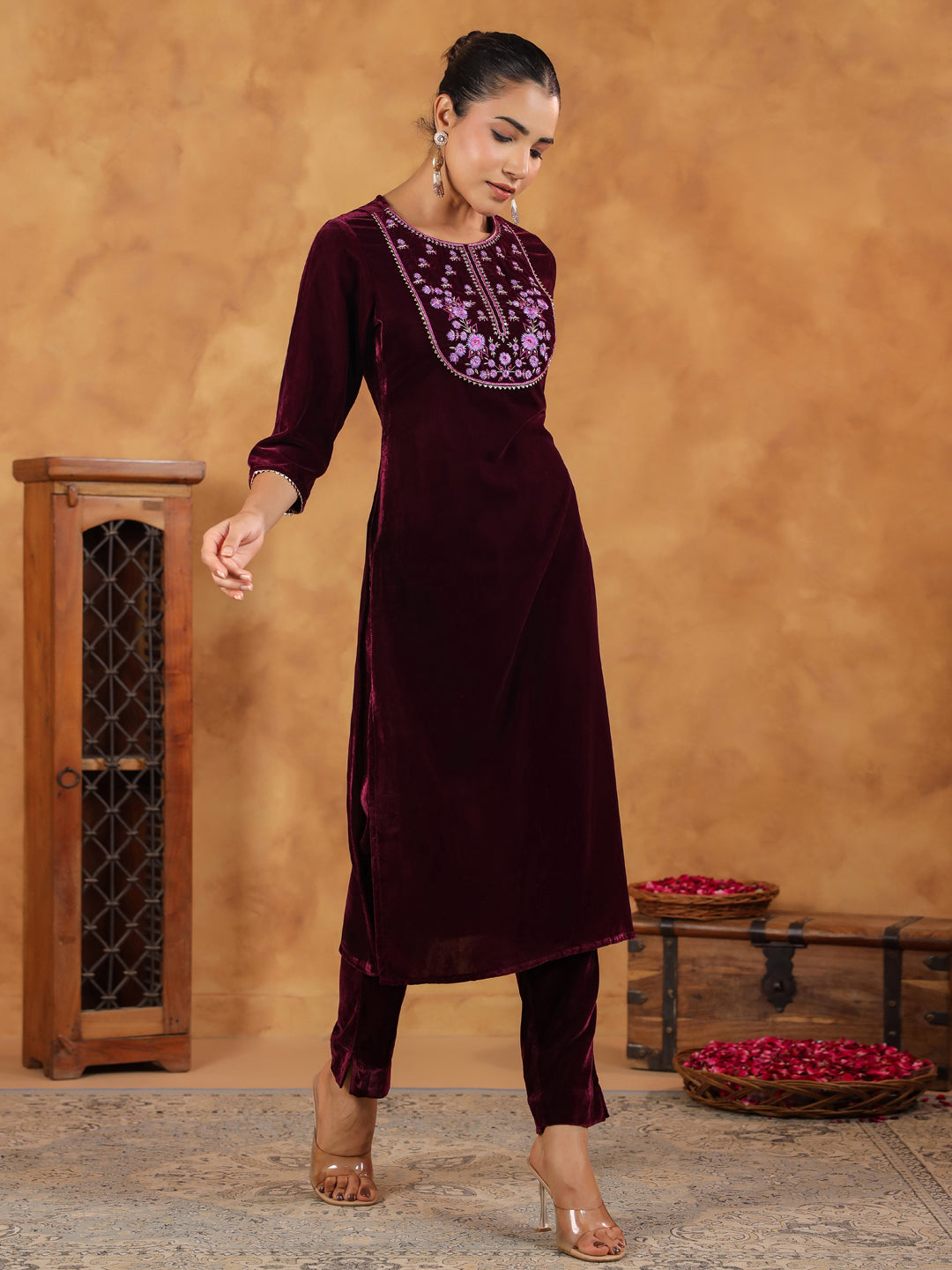 Janasya Wine Velvet Embroidered Kurta & Bottom | Grocsy